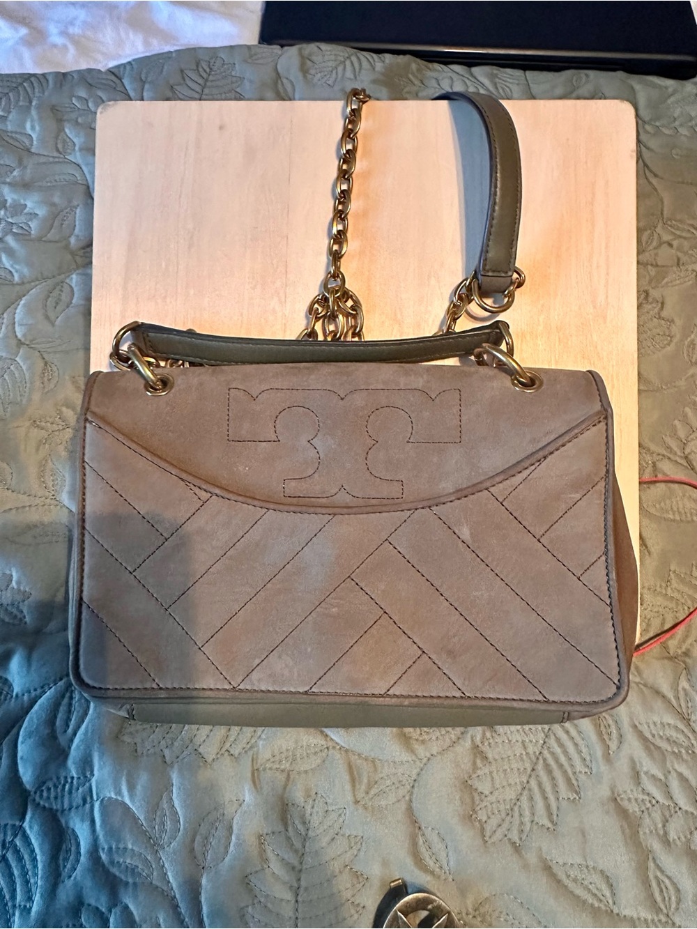 Tory Burch green Alexa
Suede Chevron Flap Shoulder Bag with Gold Chain